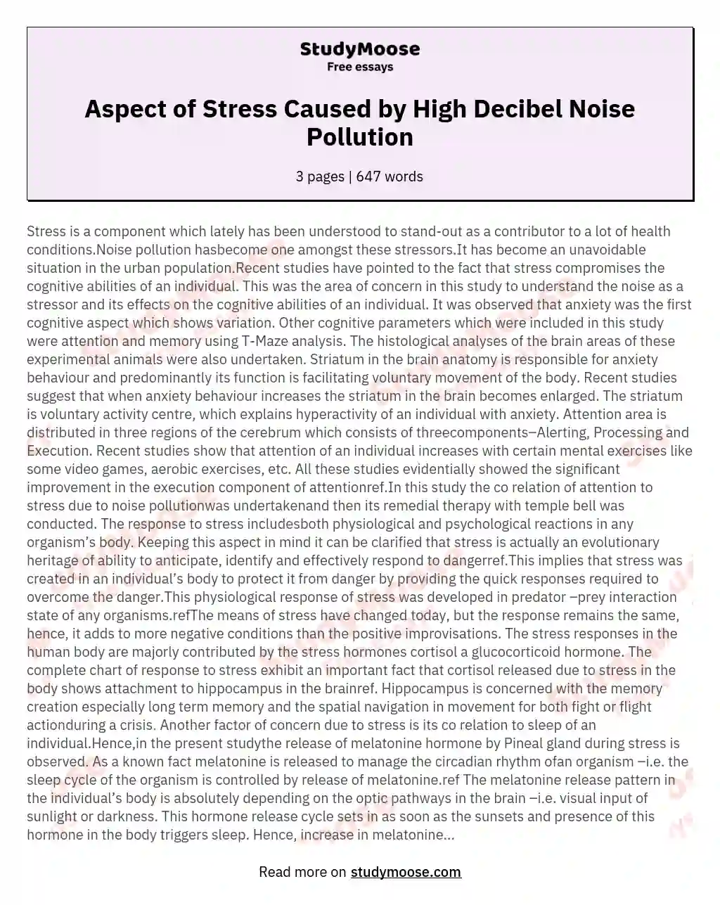 Aspect of Stress Caused by High Decibel Noise Pollution essay