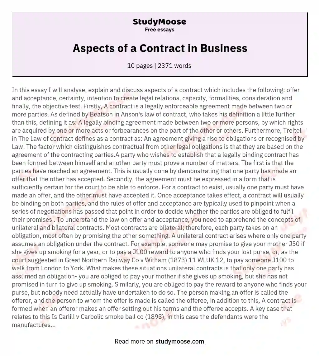 Aspects of a Contract in Business essay