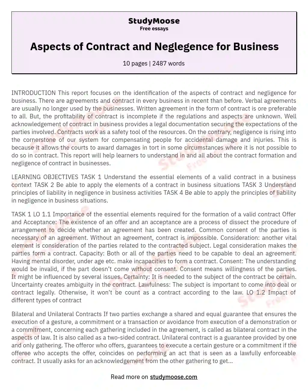 Aspects of Contract and Neglegence for Business essay