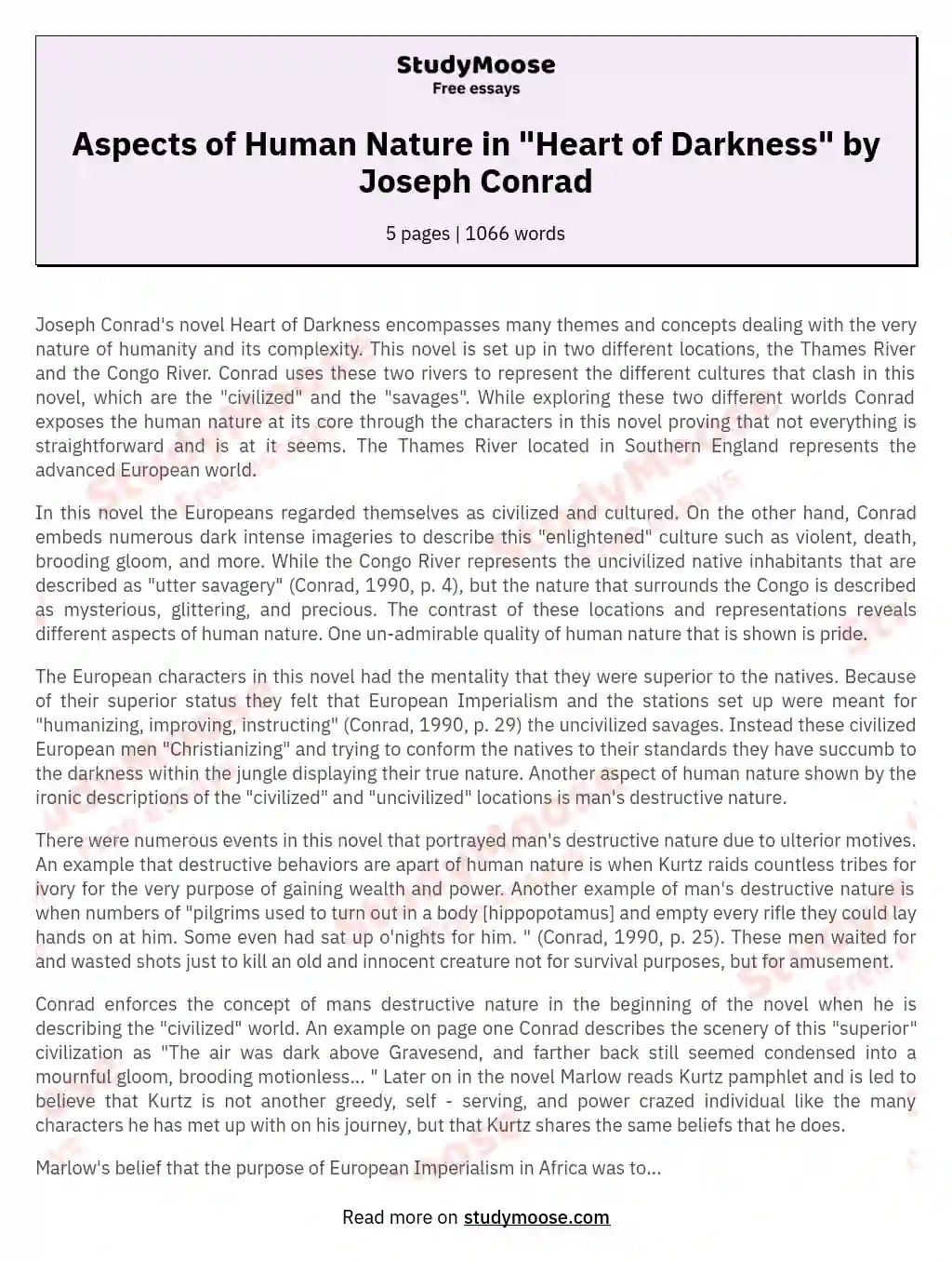 Aspects of Human Nature in "Heart of Darkness" by Joseph Conrad essay