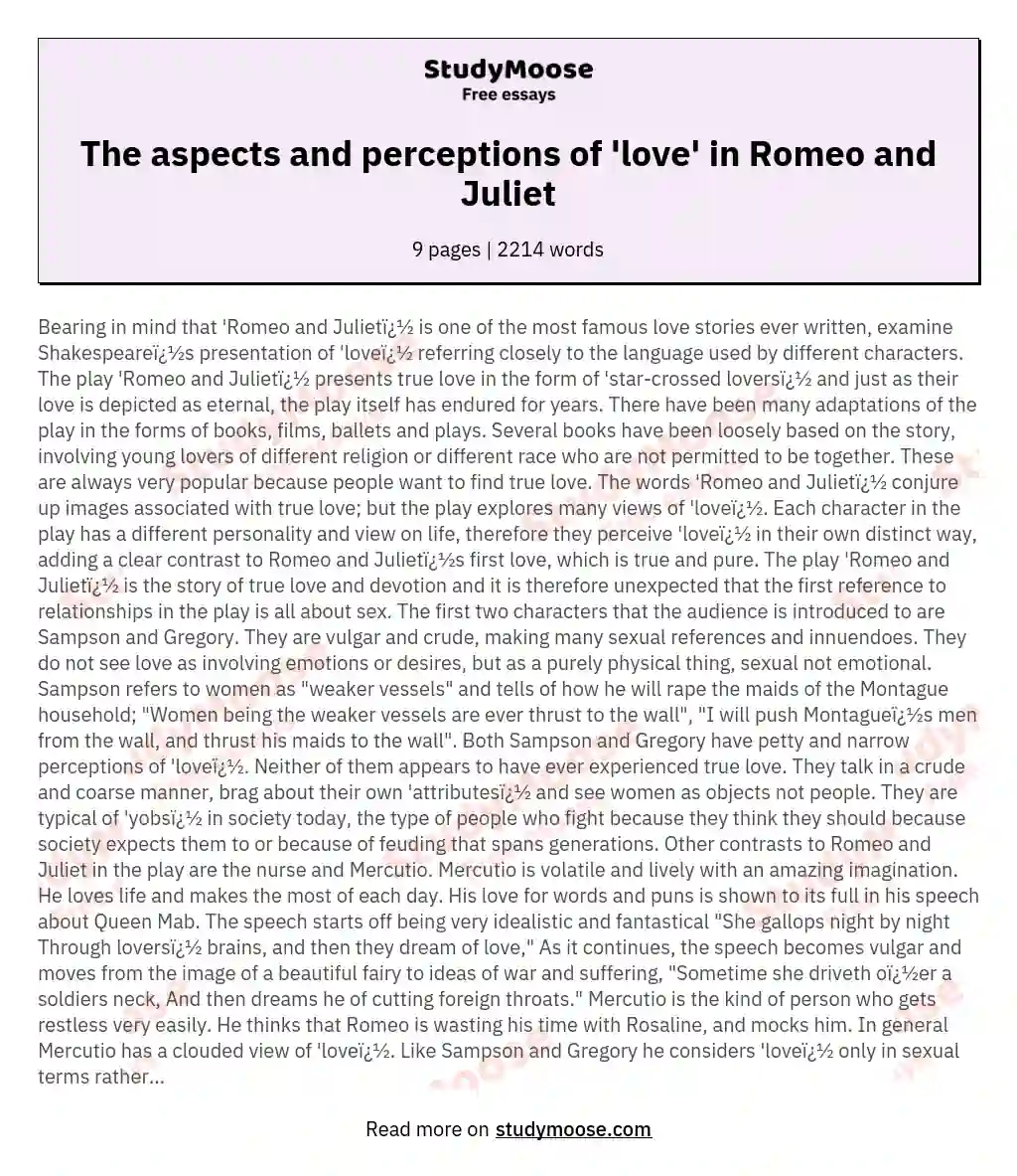 The aspects and perceptions of 'love' in Romeo and Juliet essay