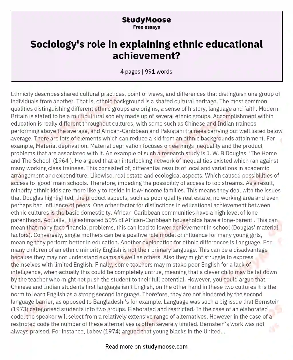 Sociology's role in explaining ethnic educational achievement? essay