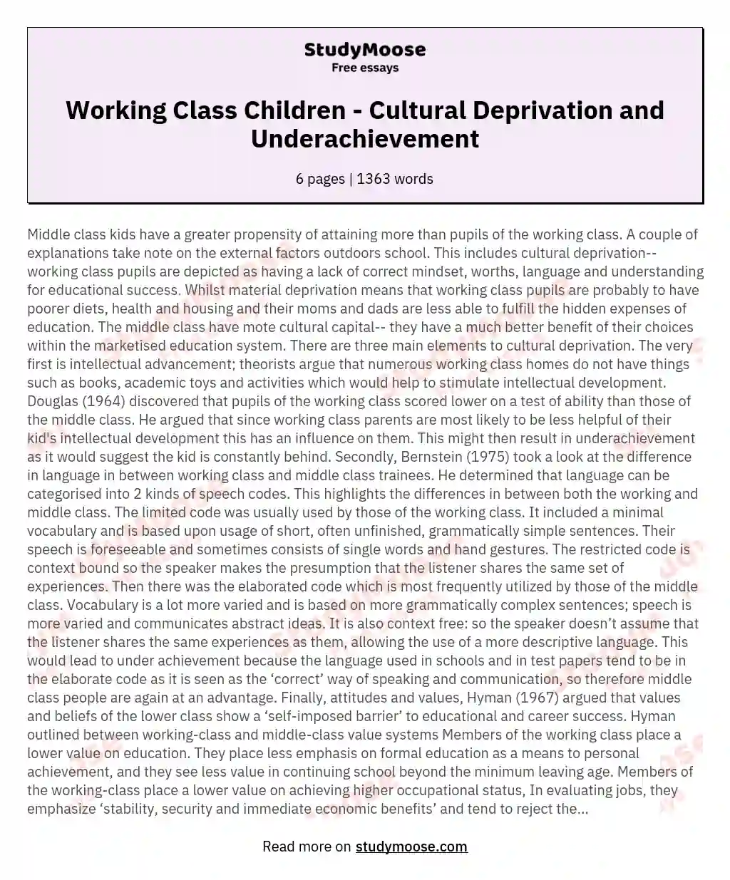 Working Class Children - Cultural Deprivation and Underachievement essay