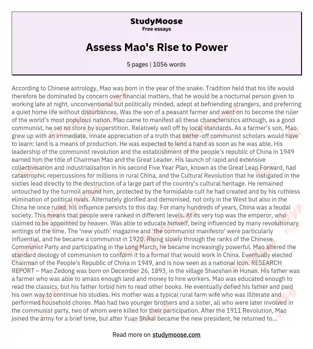 Assess Mao's Rise to Power essay