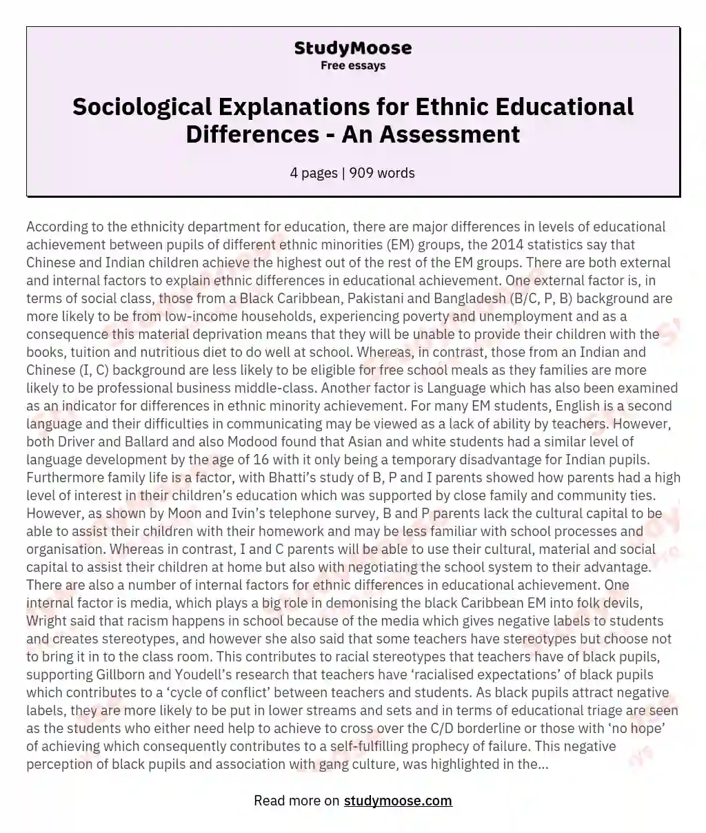 Assess the sociological explanations for ethnic differences in educational achievement