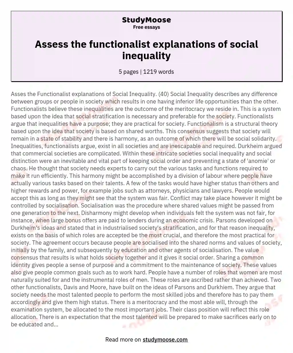 Assess the functionalist explanations of social inequality essay