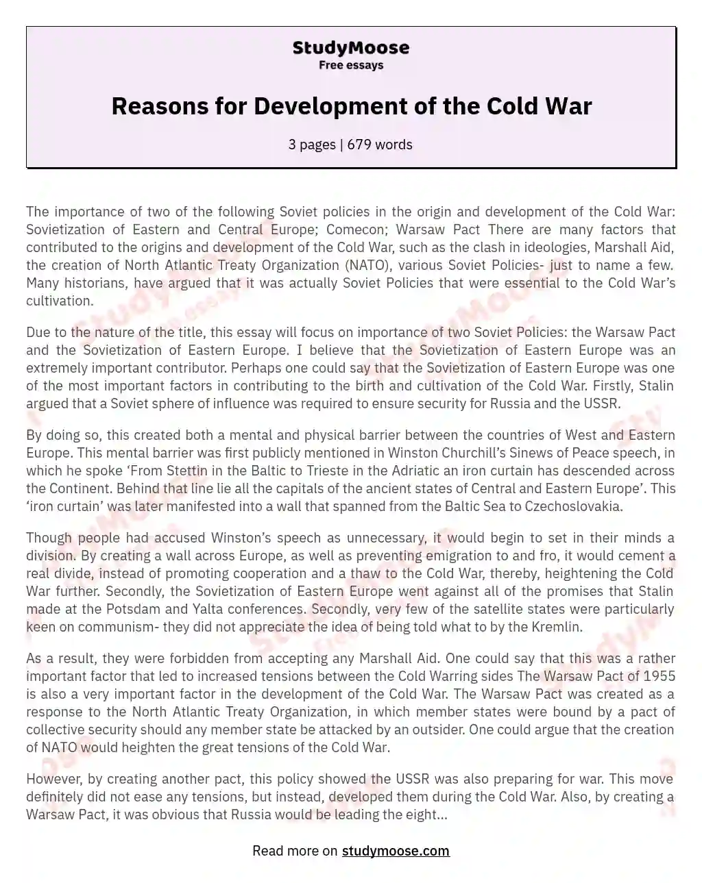 Reasons for Development of the Cold War essay