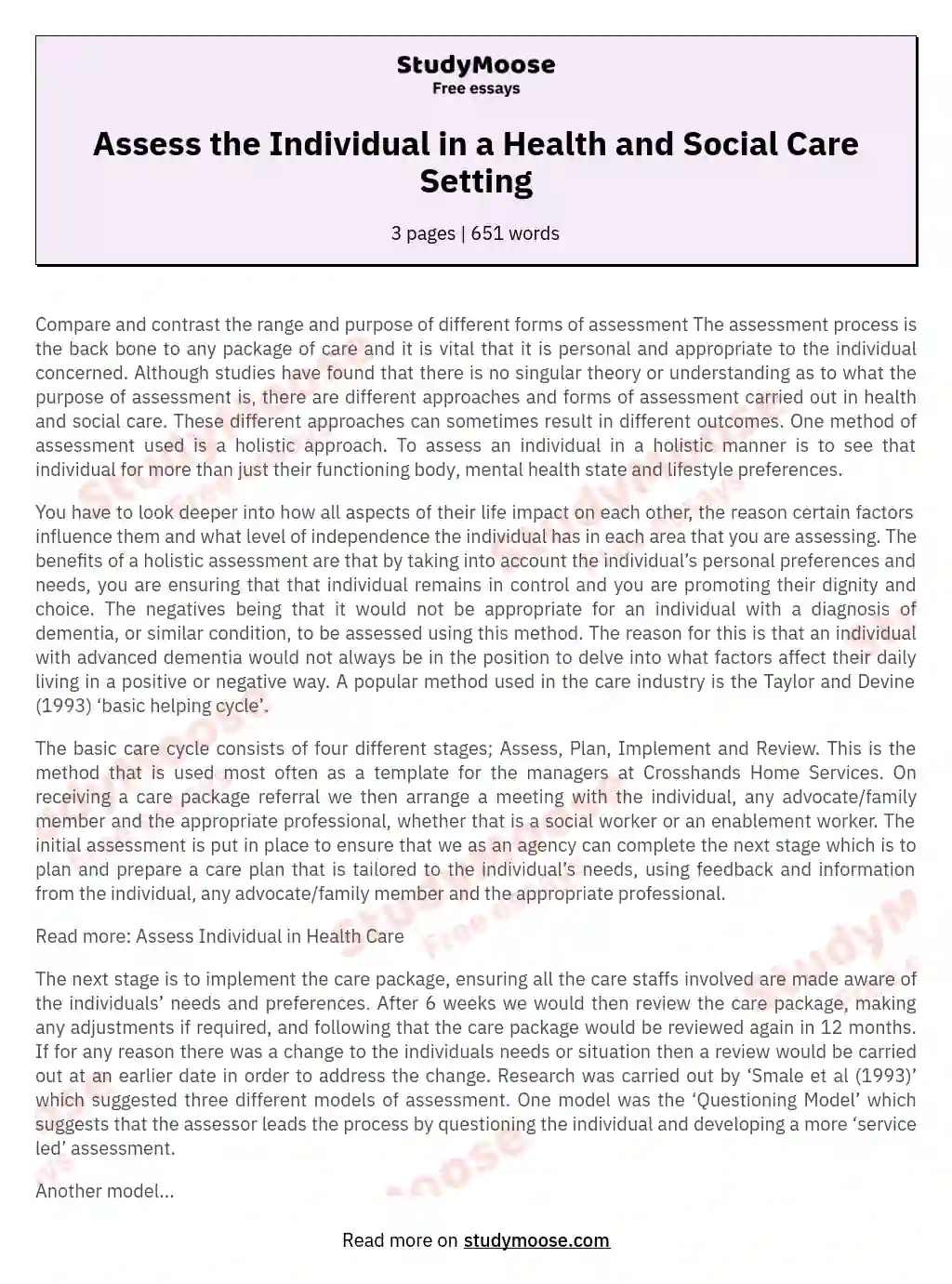 Assess the Individual in a Health and Social Care Setting essay