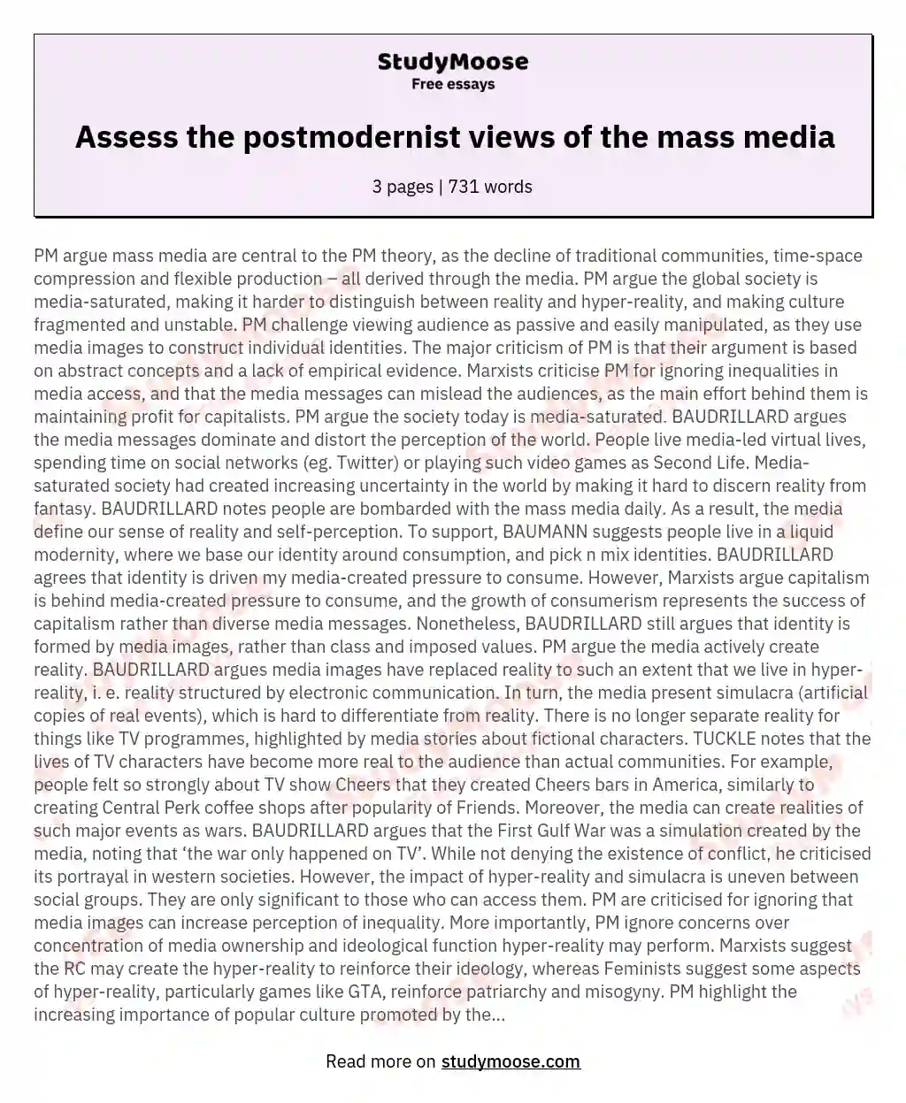 Assess the postmodernist views of the mass media essay