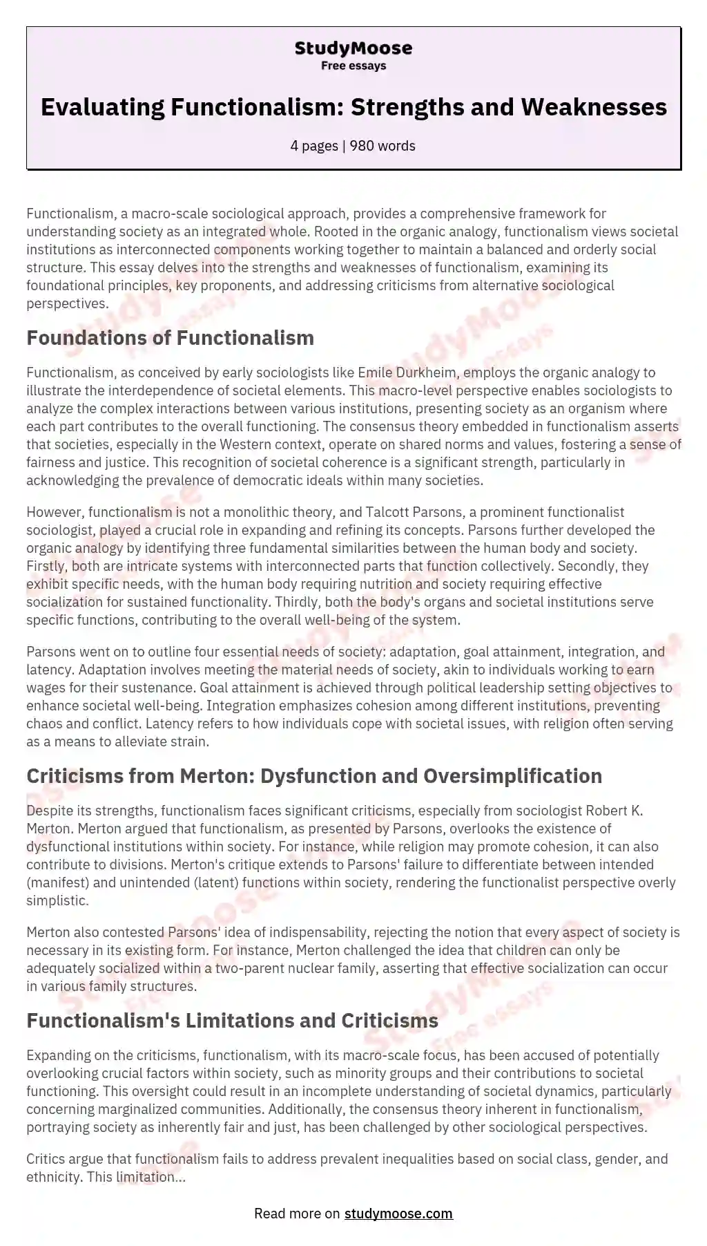 Evaluating Functionalism: Strengths and Weaknesses essay
