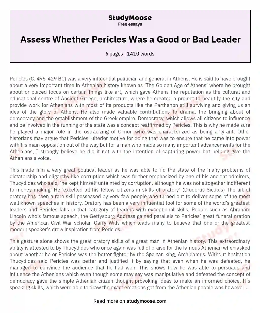 Assess Whether Pericles Was a Good or Bad Leader essay