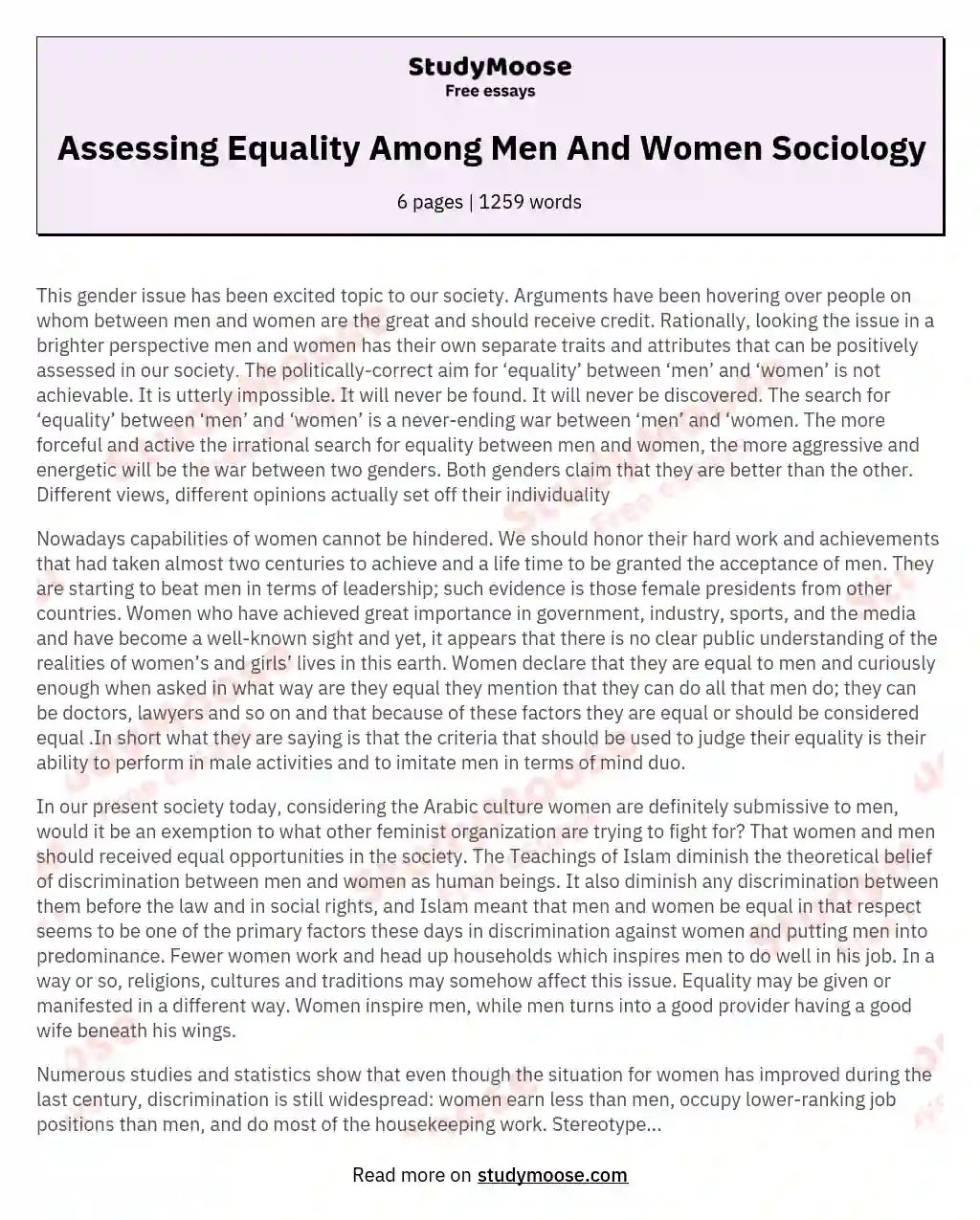 Assessing Equality Among Men And Women Sociology essay