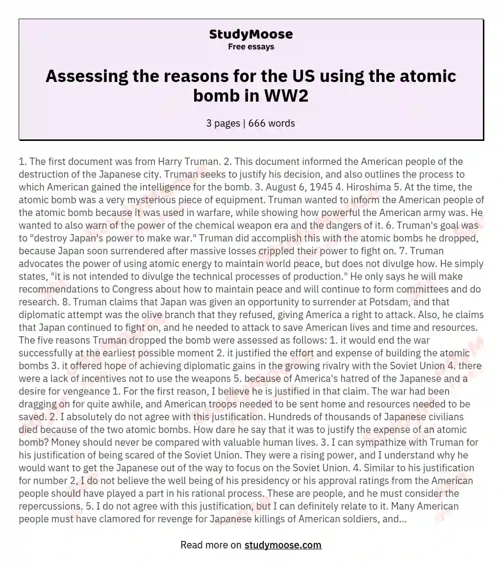 Assessing the reasons for the US using the atomic bomb in WW2