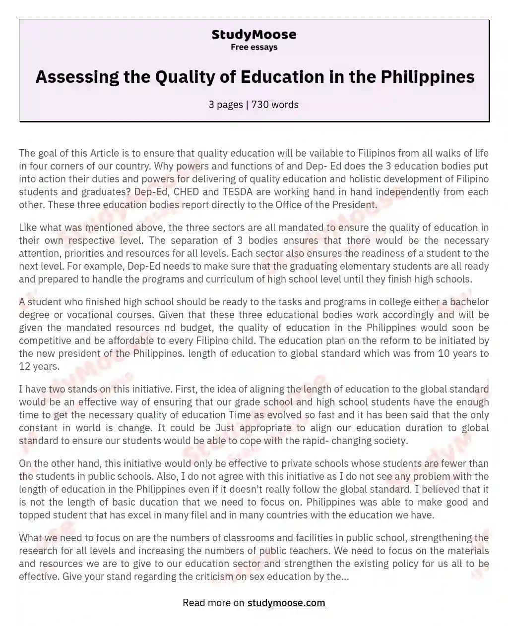 Assessing the Quality of Education in the Philippines essay