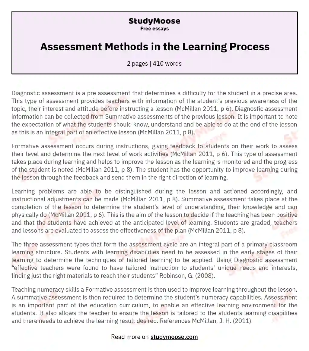 Assessment Methods in the Learning Process essay