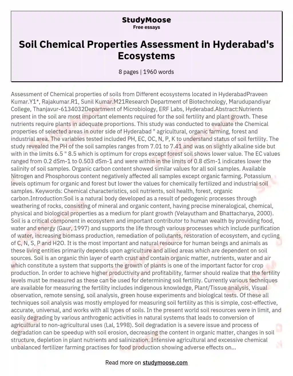 Soil Chemical Properties Assessment in Hyderabad's Ecosystems essay