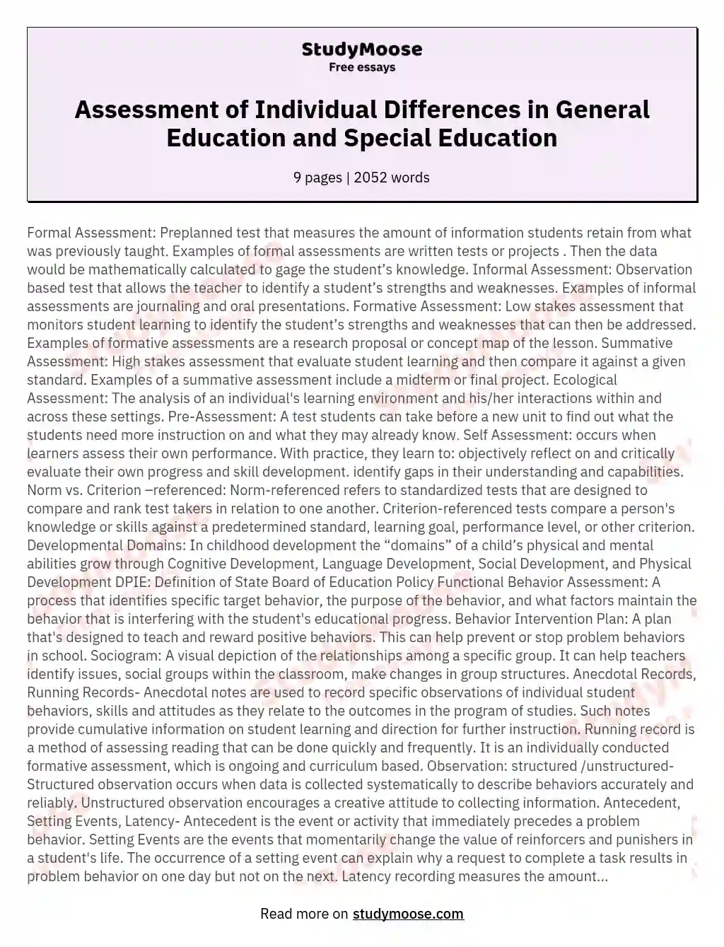 Assessment of Individual Differences in General Education and Special Education