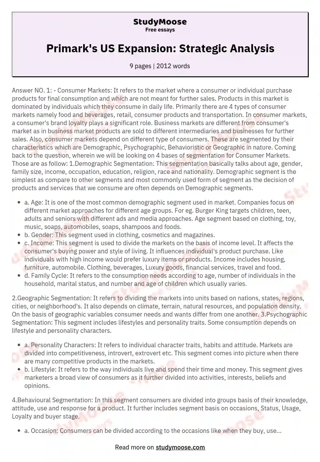 Primark's US Expansion: Strategic Analysis essay
