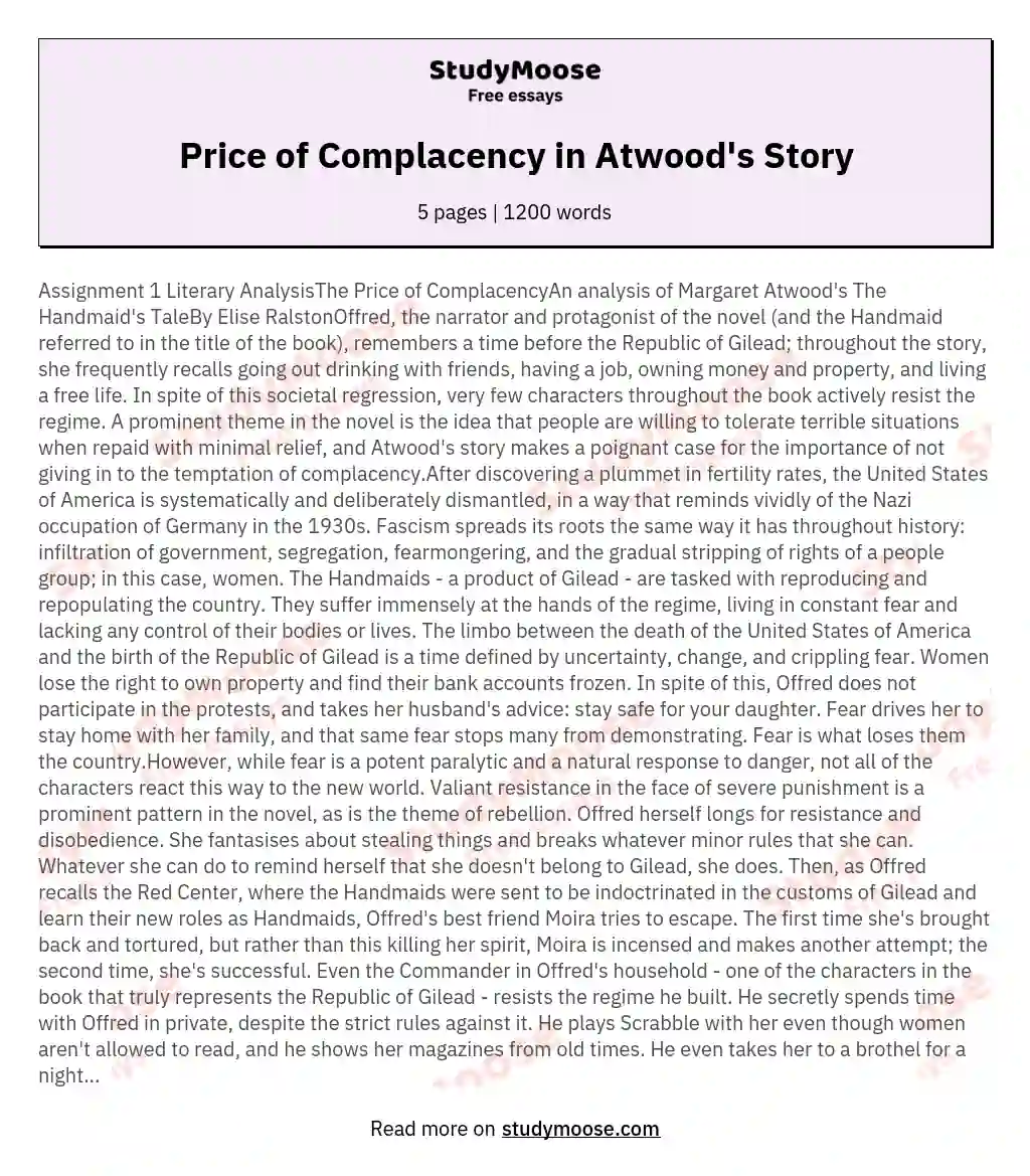 Price of Complacency in Atwood's Story essay