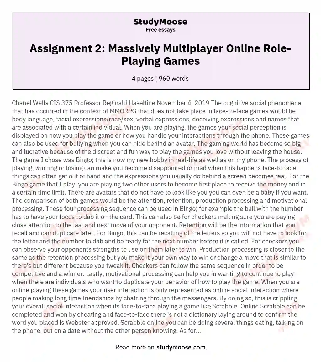 Assignment 2: Massively Multiplayer Online Role-Playing Games essay