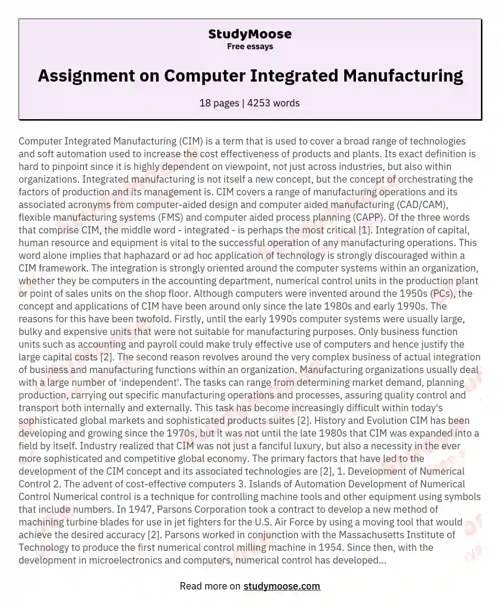Assignment on Computer Integrated Manufacturing essay