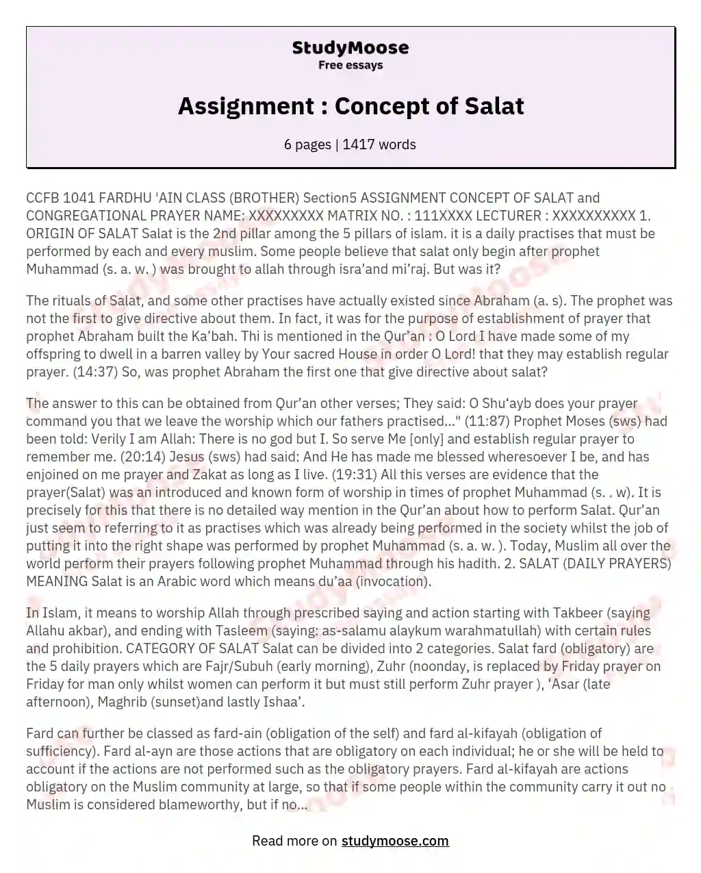 Assignment : Concept of Salat essay