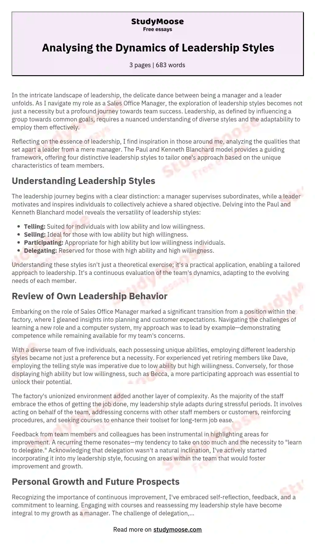 Analysing the Dynamics of Leadership Styles essay