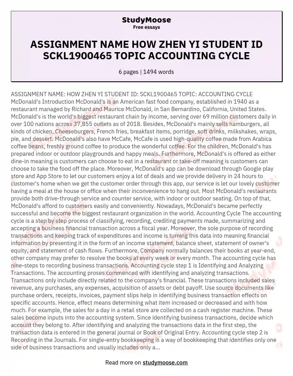 ASSIGNMENT NAME HOW ZHEN YI STUDENT ID SCKL1900465 TOPIC ACCOUNTING CYCLE
