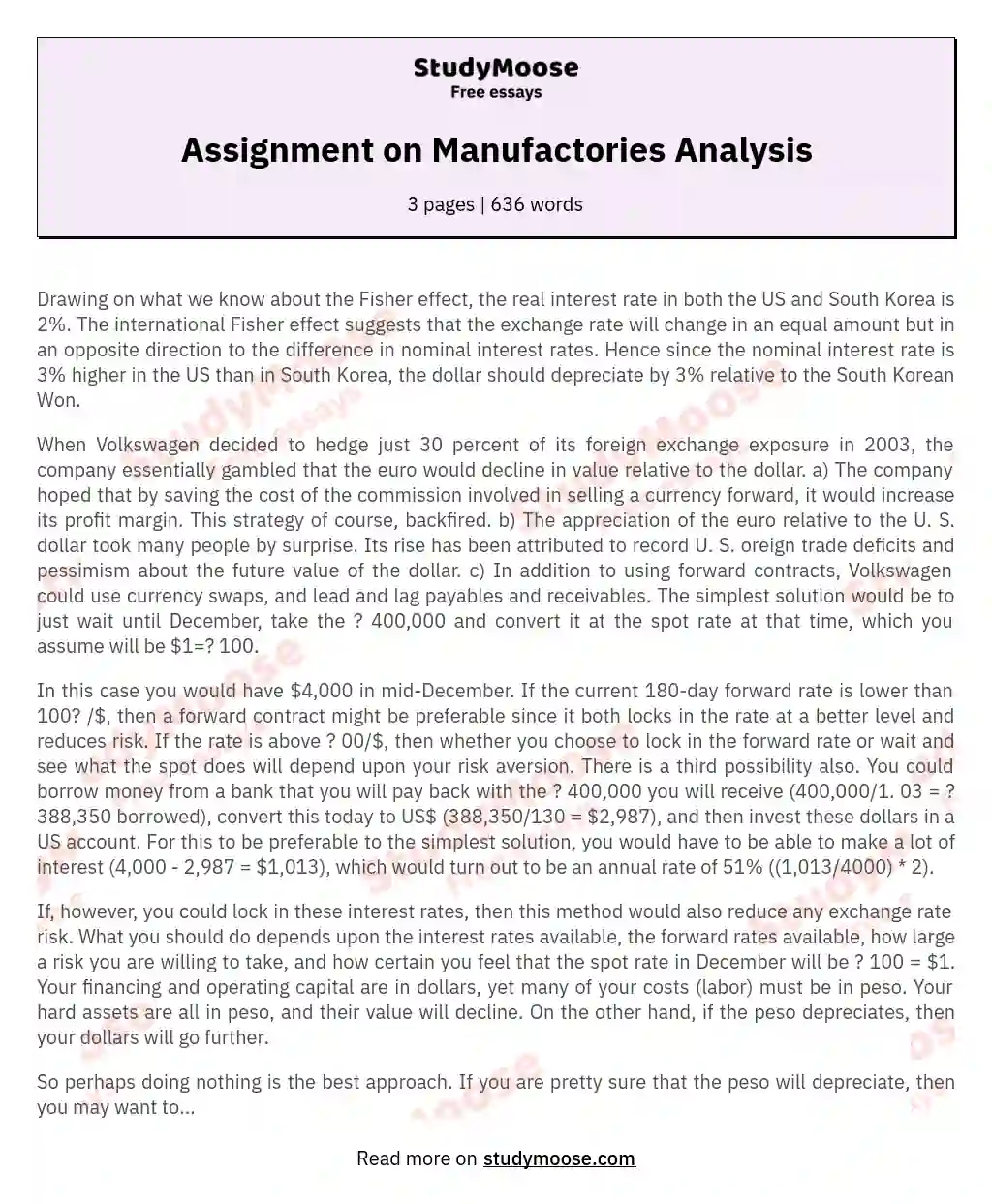 Assignment on Manufactories Analysis essay