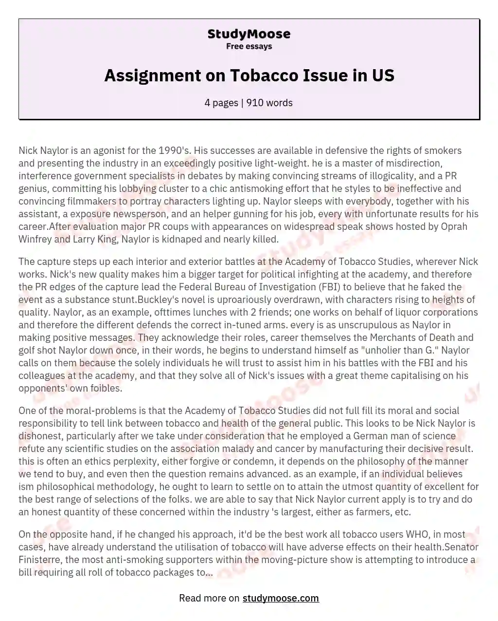 Assignment on Tobacco Issue in US essay