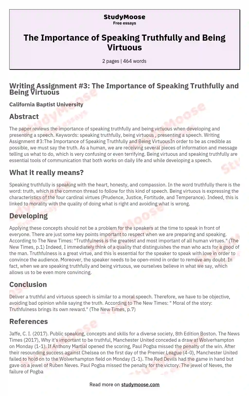 The Importance of Speaking Truthfully and Being Virtuous essay