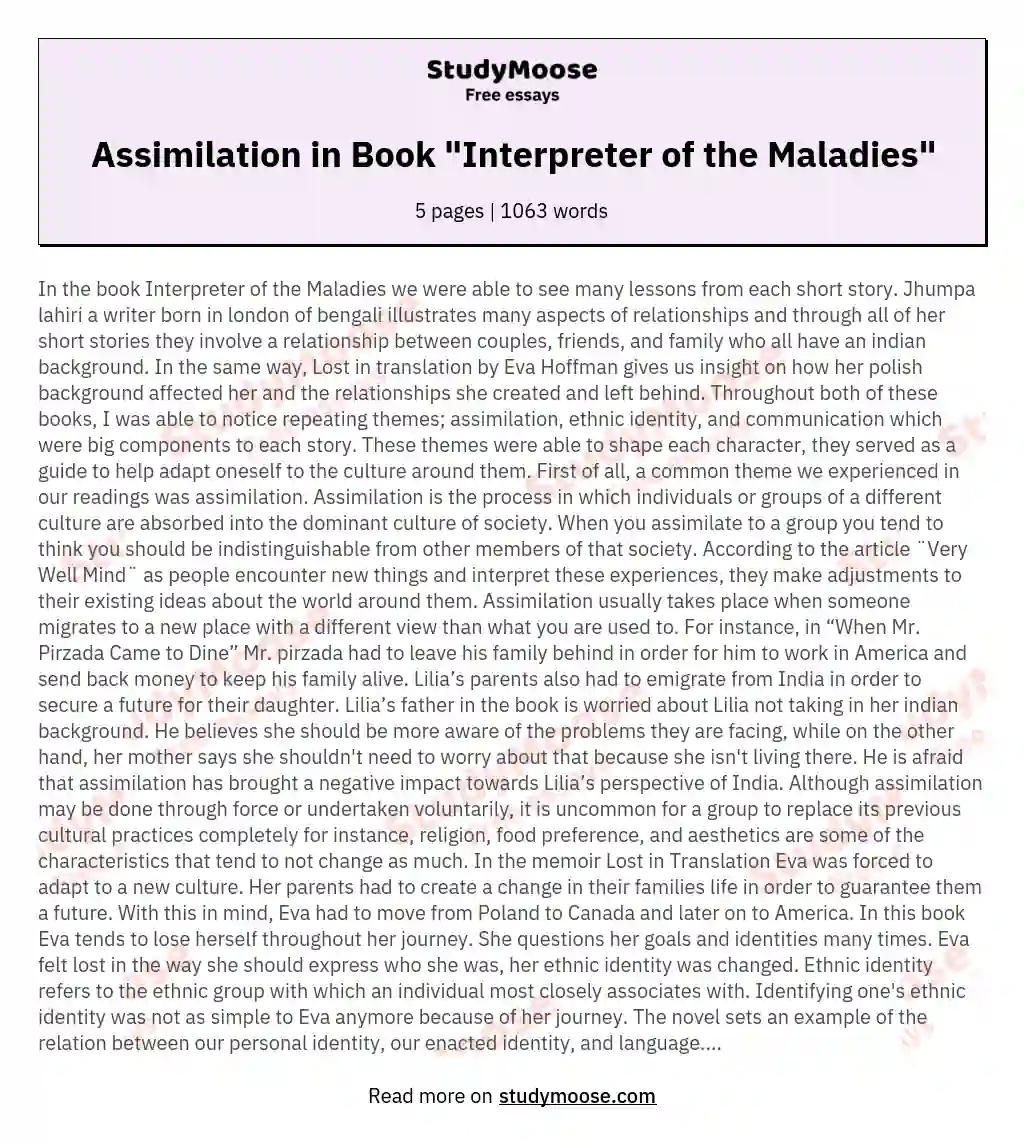 Assimilation in Book "Interpreter of the Maladies"
