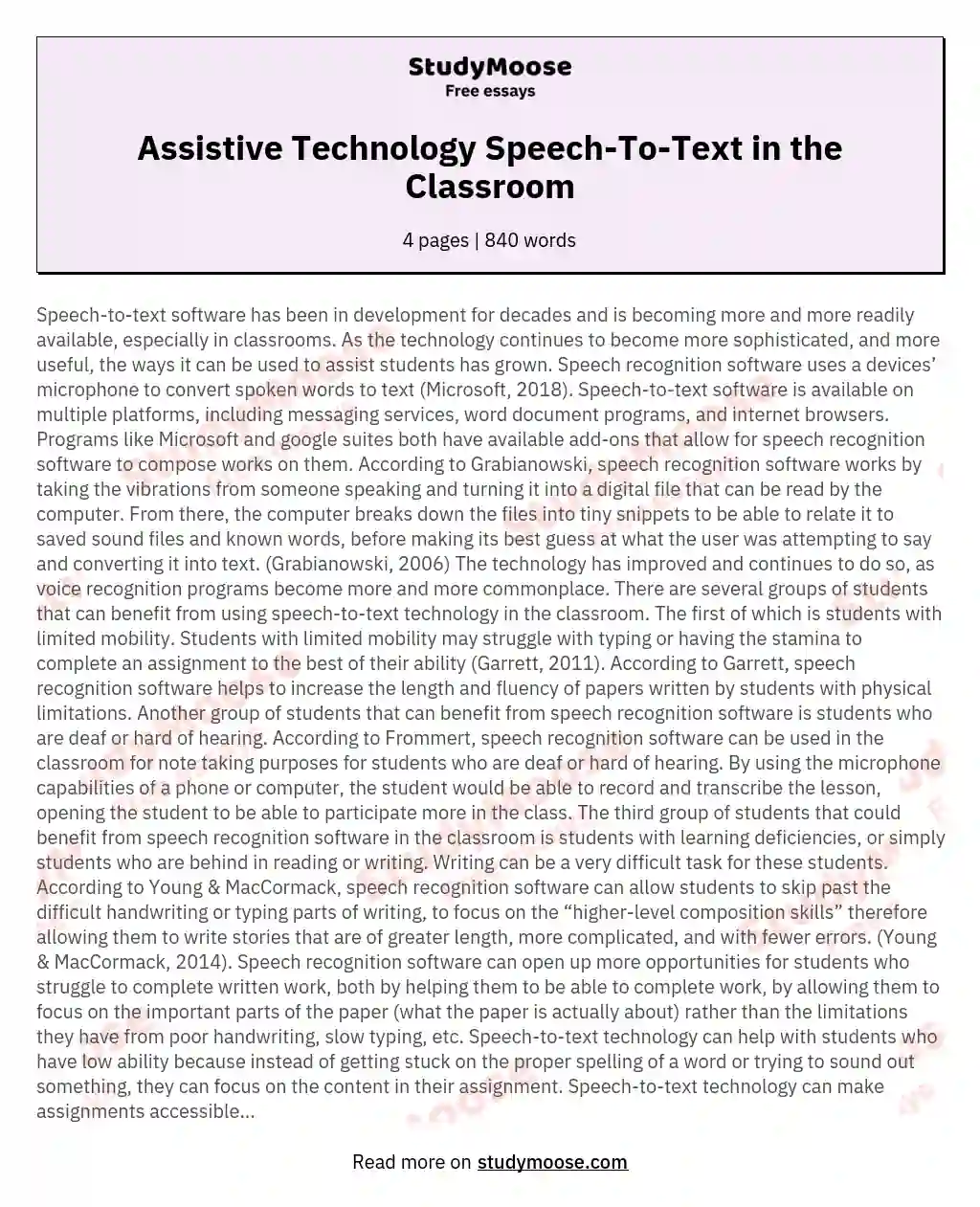 Assistive Technology Speech-To-Text in the Classroom essay