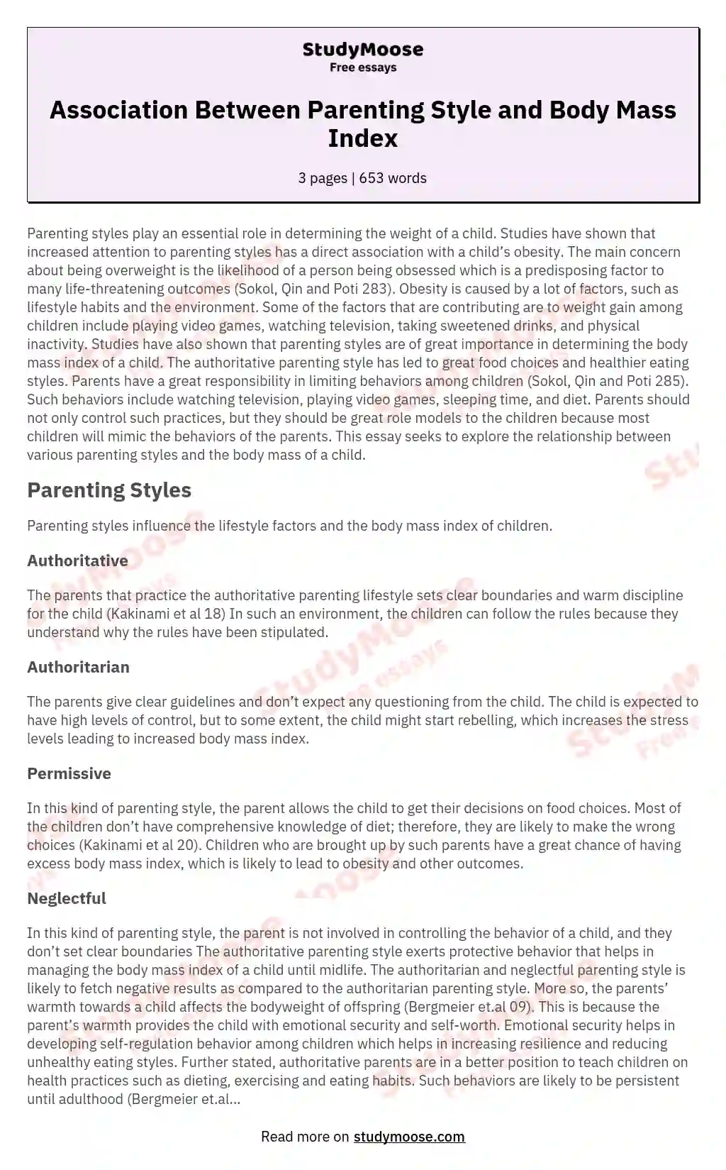 Association Between Parenting Style and Body Mass Index essay