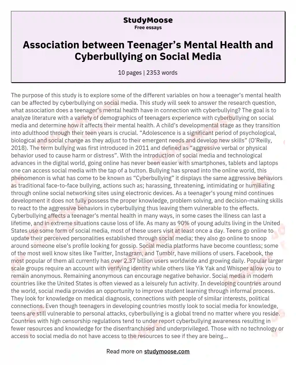 Association between Teenager’s Mental Health and Cyberbullying on Social Media essay