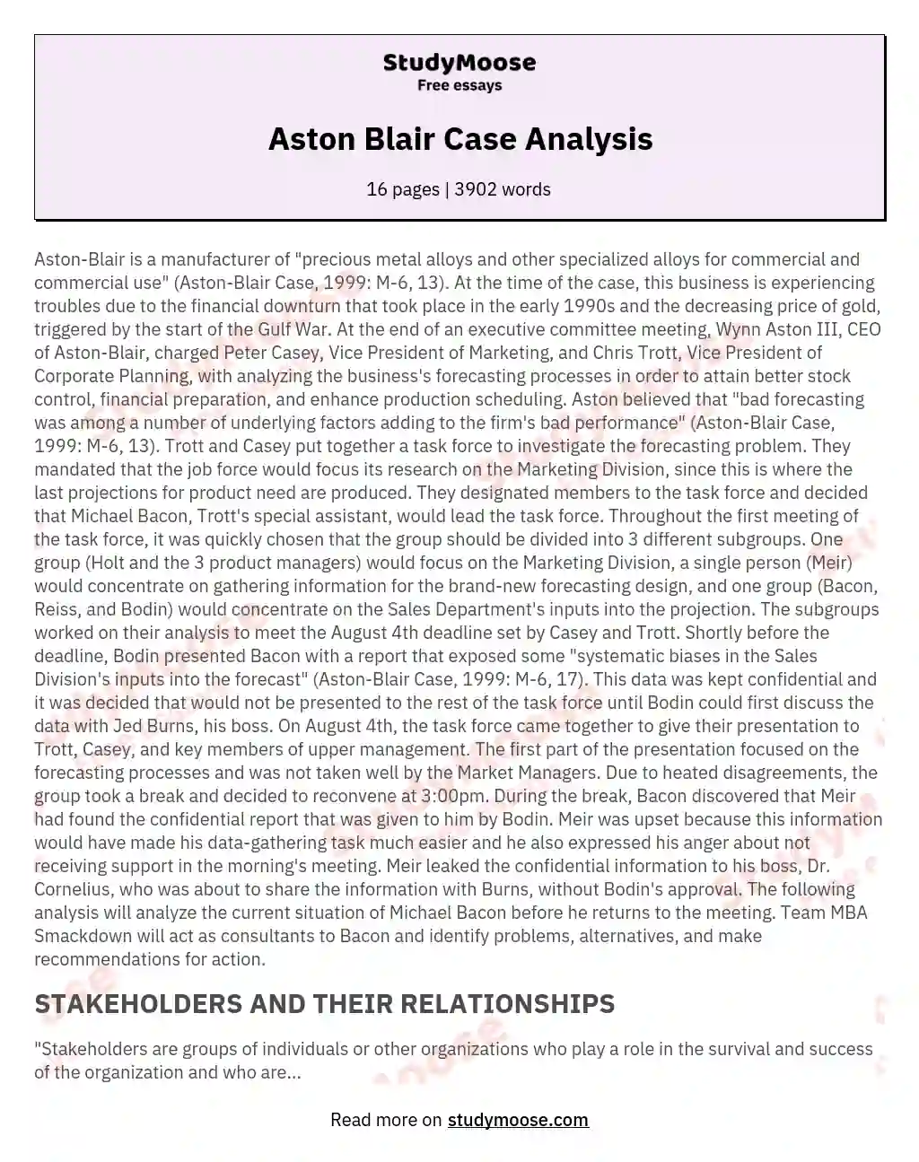 Aston Blair Case Analysis essay