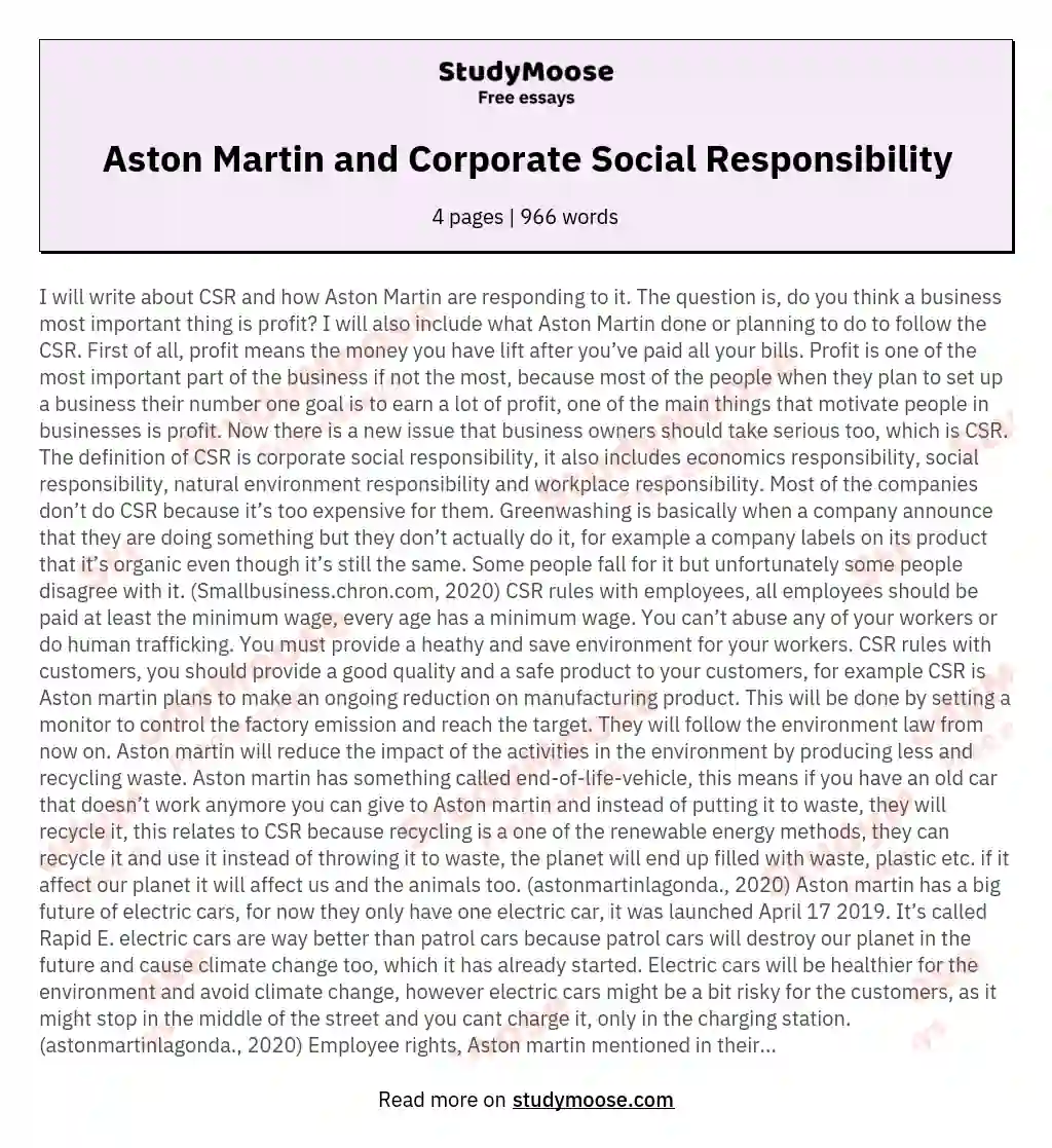 Aston Martin and Corporate Social Responsibility essay