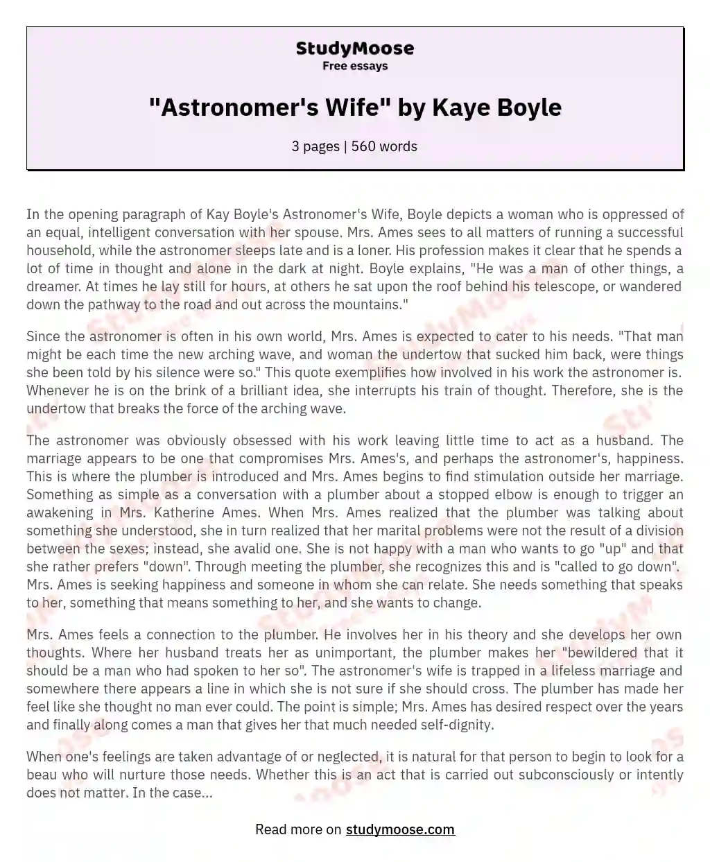 "Astronomer's Wife" by Kaye Boyle essay
