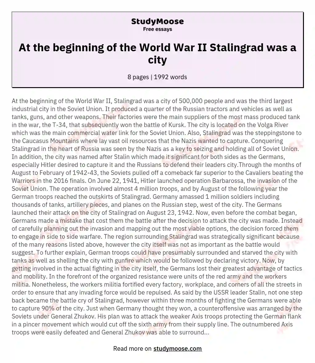 At the beginning of the World War II Stalingrad was a city essay