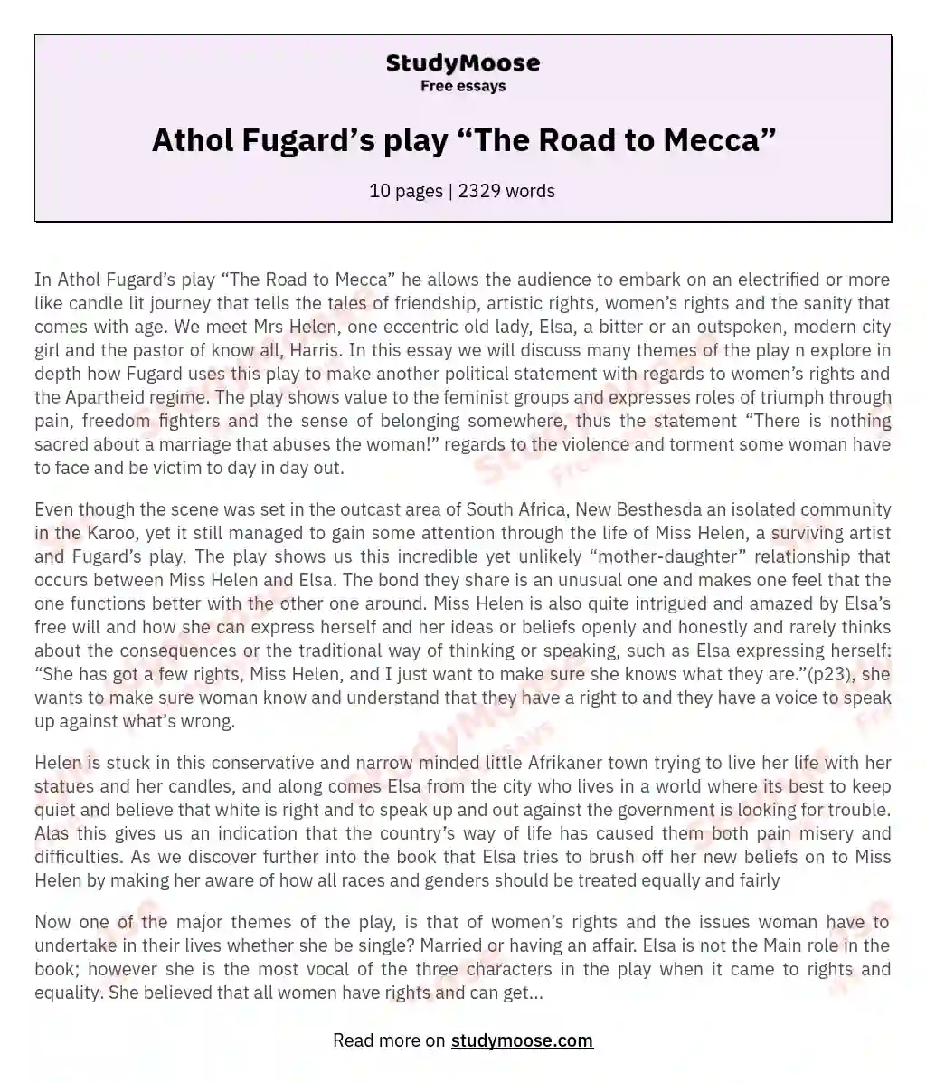 Athol Fugard’s play “The Road to Mecca” essay