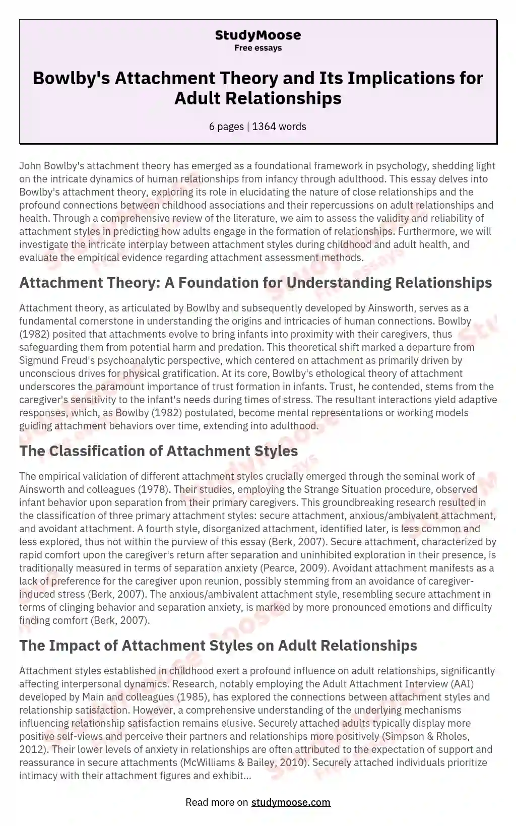 essay on attachment theory