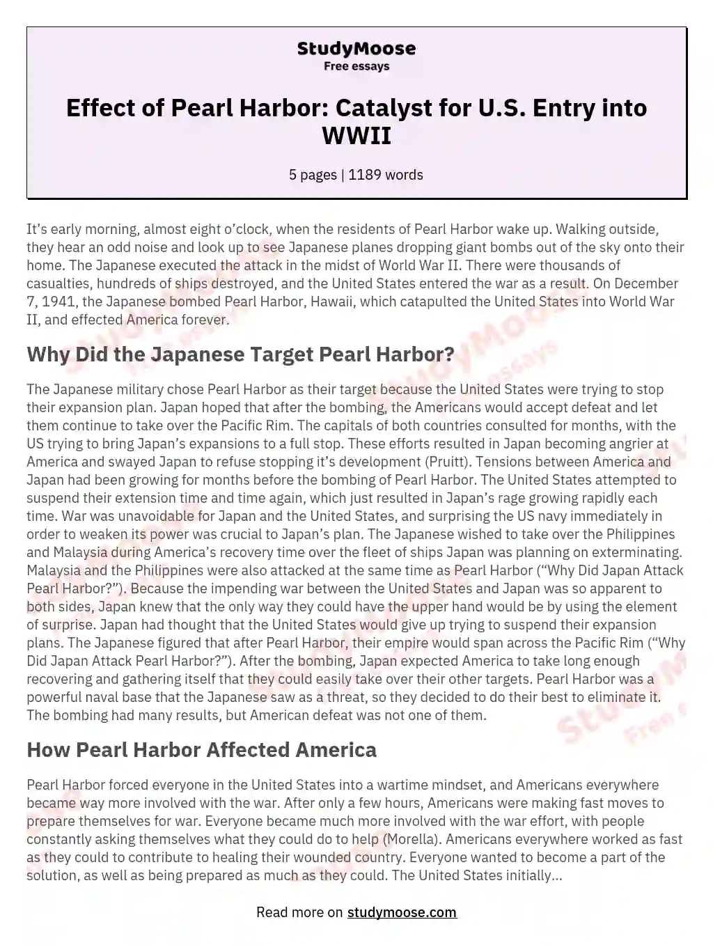 Effect of Pearl Harbor: Catalyst for U.S. Entry into WWII essay