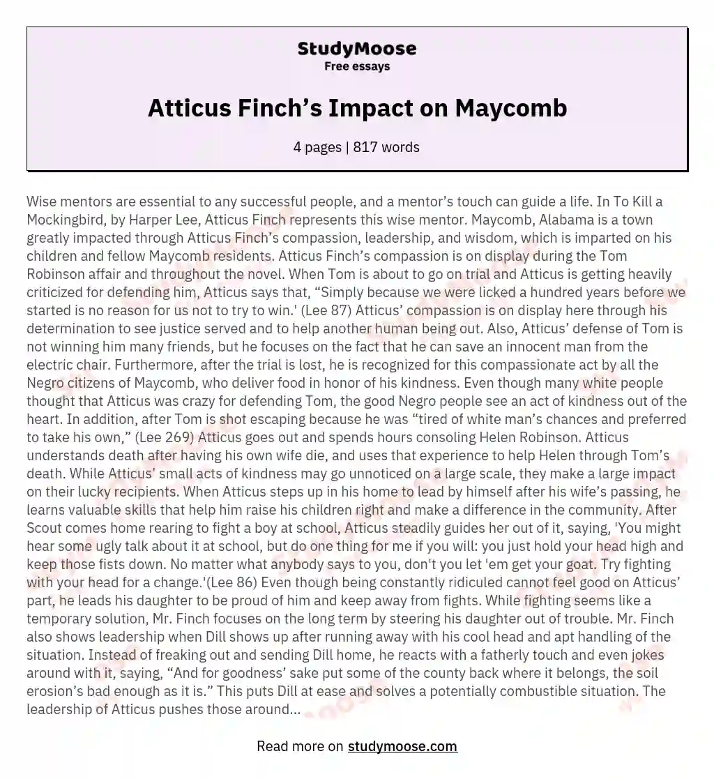 Atticus Finch’s Impact on Maycomb essay