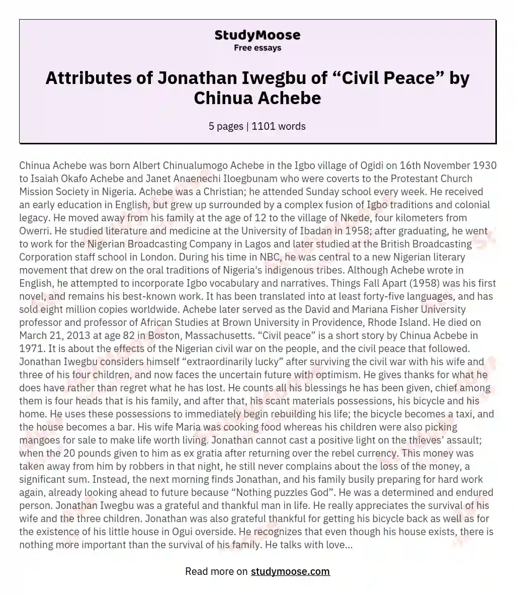 Attributes of Jonathan Iwegbu of “Civil Peace” by Chinua Achebe essay