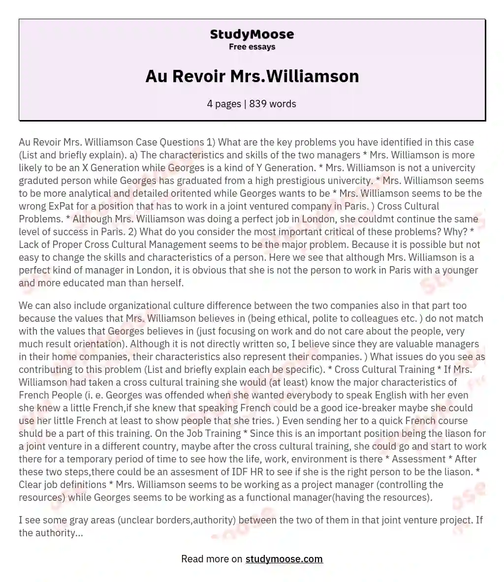 Au Revoir Mrs.Williamson essay