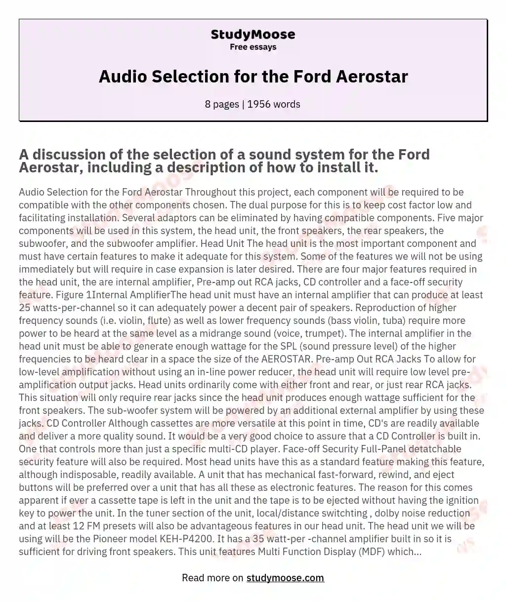 Audio Selection for the Ford Aerostar essay