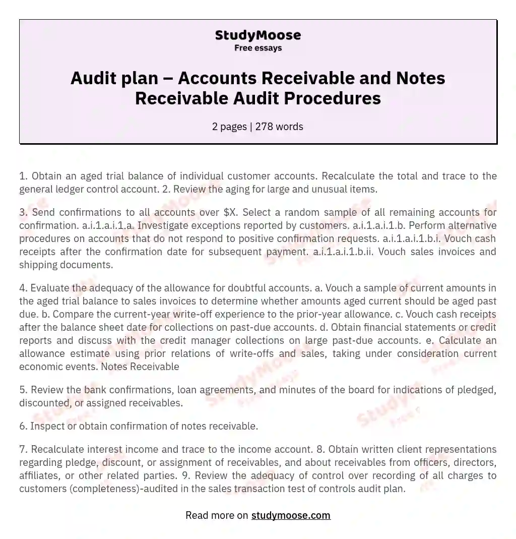 Audit plan – Accounts Receivable and Notes Receivable Audit Procedures essay