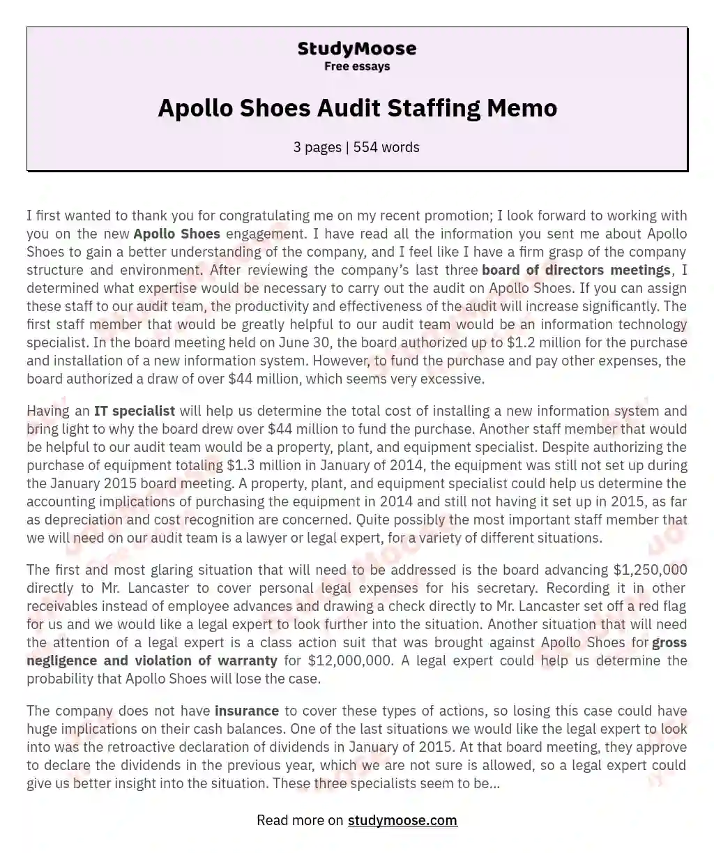 Apollo Shoes Audit Staffing Memo