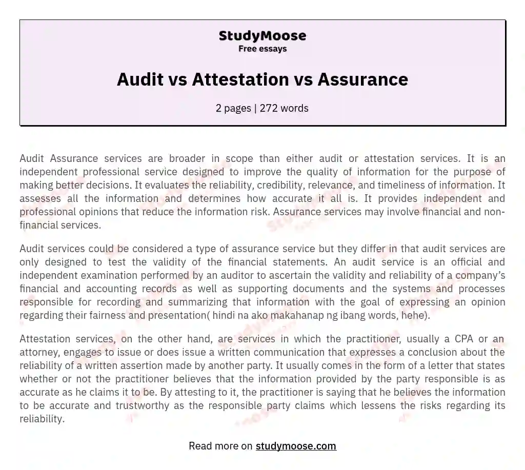 Audit vs Attestation vs Assurance essay