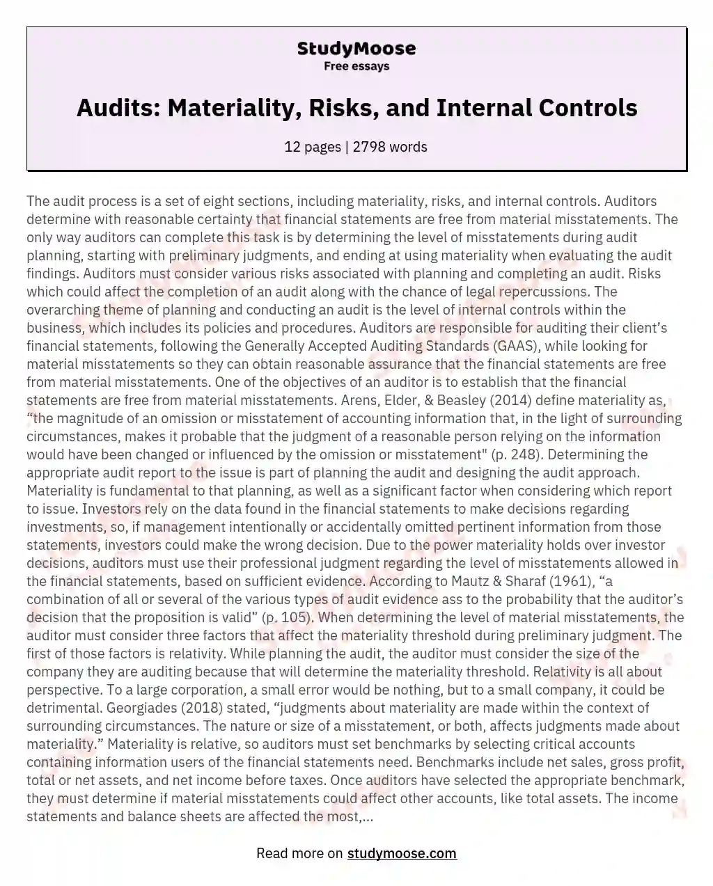Audits: Materiality, Risks, and Internal Controls essay